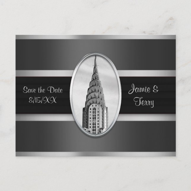 Chrysler Building Save the Date Grey Silver BW Announcement Postcard (Front)