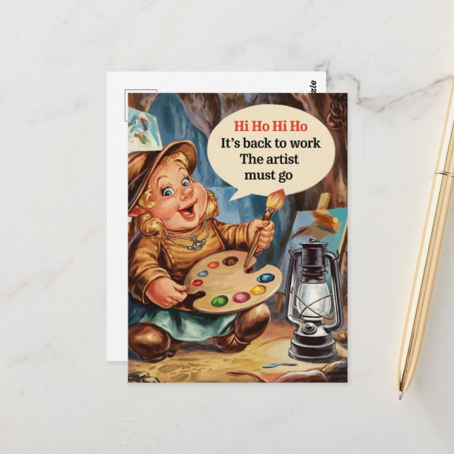 Chubby Artist Dwarf Sings Herself Back To Work Postcard (Front/Back In Situ)