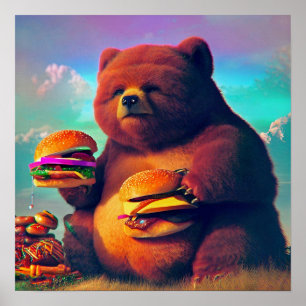Chubby Bear Eating Cheeseburgers Poster