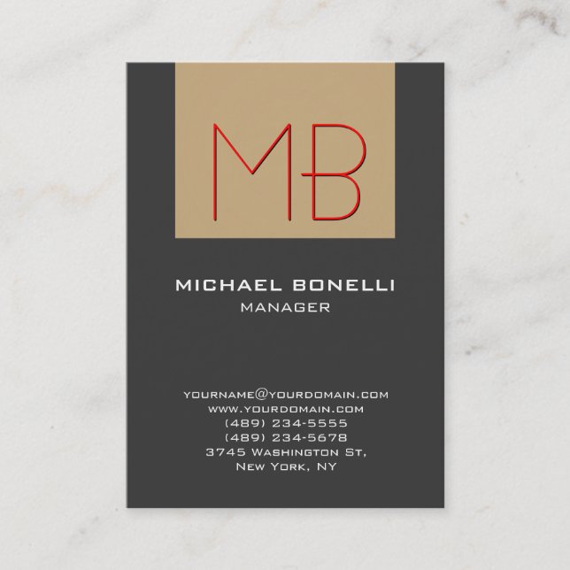 Chubby beige red grey chic monogram business card (Front)