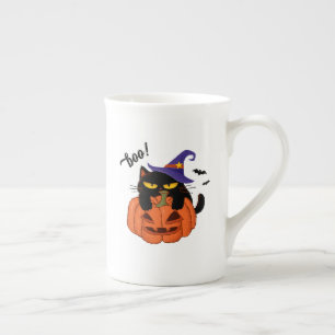 Chubby black cat in witch hat Halloween Bone China Mug