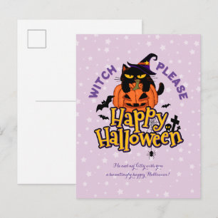 Chubby Black Cat Witch Please Happy Halloween Holiday Postcard
