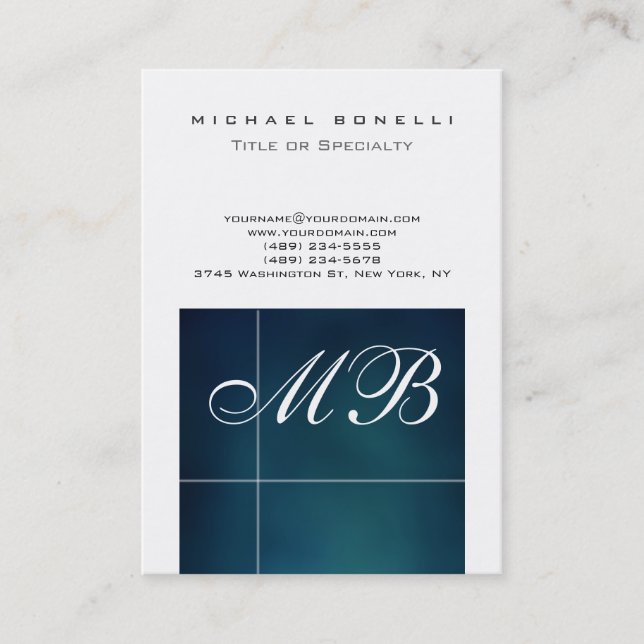 Chubby Blue Script Monogram White Business Card (Front)
