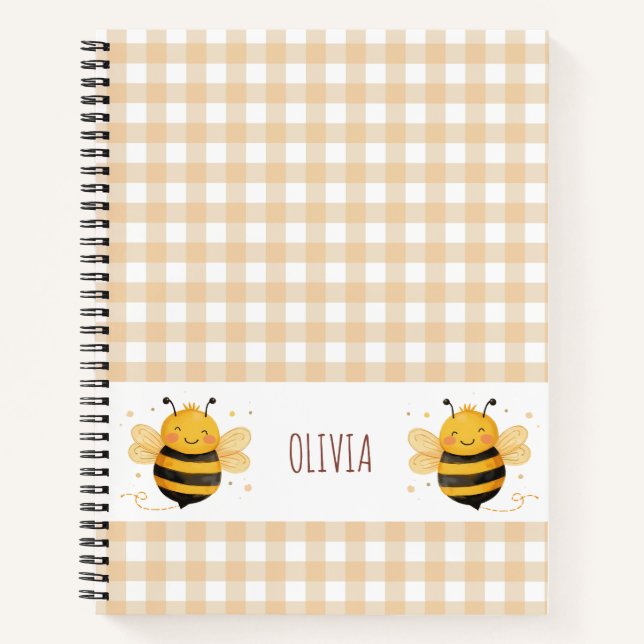 Chubby Bumblebee "Bee Happy" Gingham  Notebook (Front)