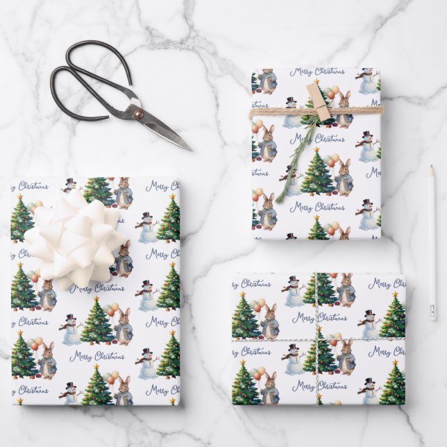 Chubby Bunny Rabbit Christmas tree Wrapping Paper Sheet (Front)