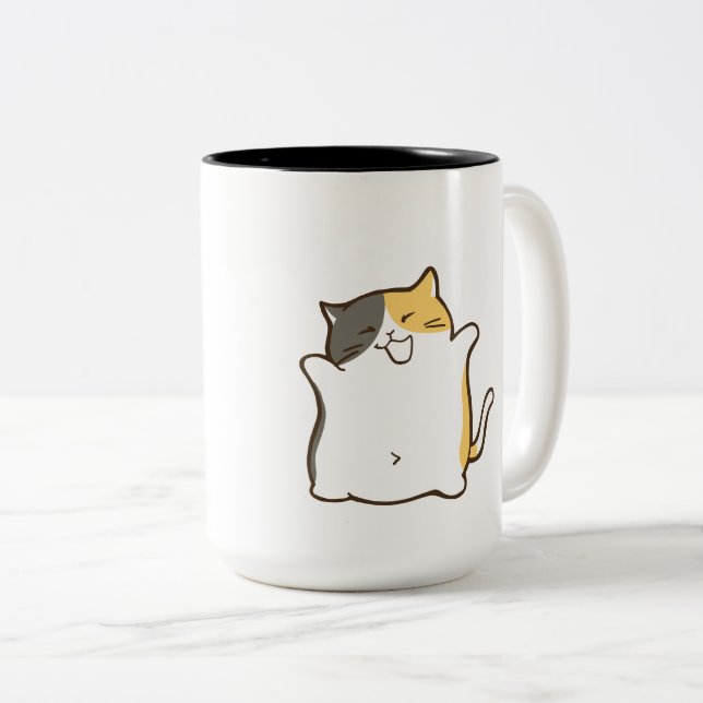 Chubby Calico Cat - Kawaii Sticker Two-Tone Coffee Mug (Front Right)