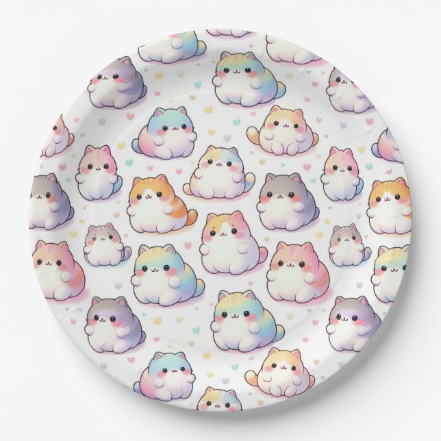 Chubby Cartoon Cat Collection With Hearts Paper Plate (Front)