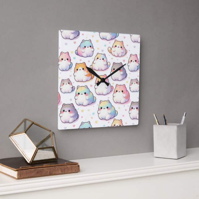 Chubby Cartoon Cat Collection With Hearts Square Wall Clock (Office)