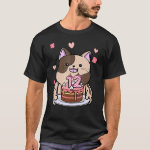 Chubby Cat Holding A Birthday Cake 12th Year Bday T-Shirt