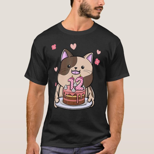 Chubby Cat Holding A Birthday Cake 12th Year Bday T-Shirt (Front)