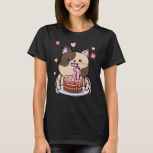 Chubby Cat Holding A Birthday Cake 1st Year Bday T-Shirt