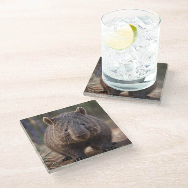 "Chubby Charm: The Adorable Australian Wombat" Glass Coaster (Angled)