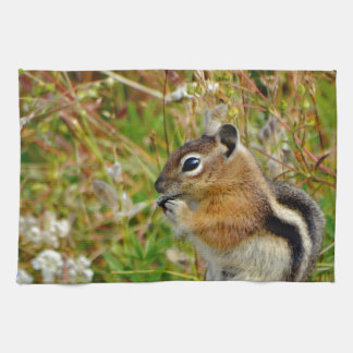 Chubby cute chipmunk on  on wood stump tea towel