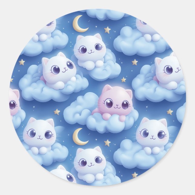 "Chubby Kawaii Cats and Clouds 3D Seamless Pattern Classic Round Sticker (Front)
