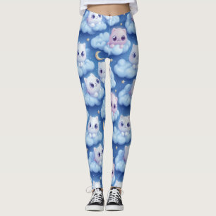 "Chubby Kawaii Cats and Clouds 3D Seamless Pattern Leggings