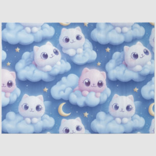 "Chubby Kawaii Cats and Clouds 3D Seamless Pattern Tissue Paper
