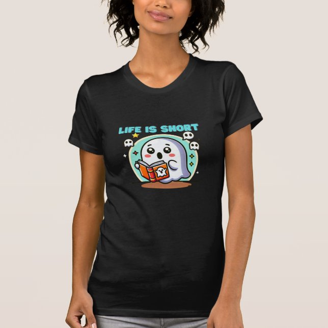 Chubby Kawaii Ghost Reading with Surprise T-Shirt (Front)