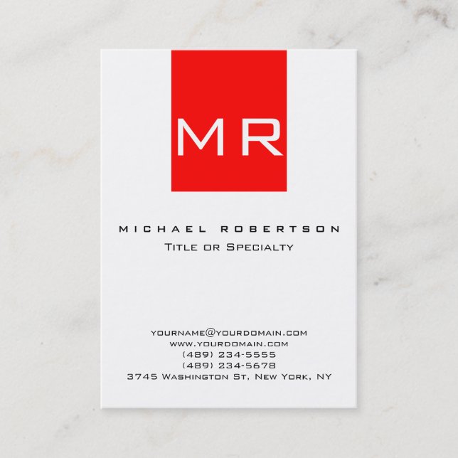 Chubby Large Monogram White Red Business Card (Front)