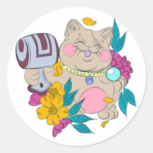 chubby lucky cat classic round sticker