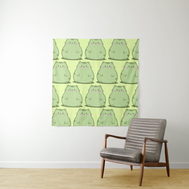 Chubby Matcha Green Kitty Tapestry (In Situ)