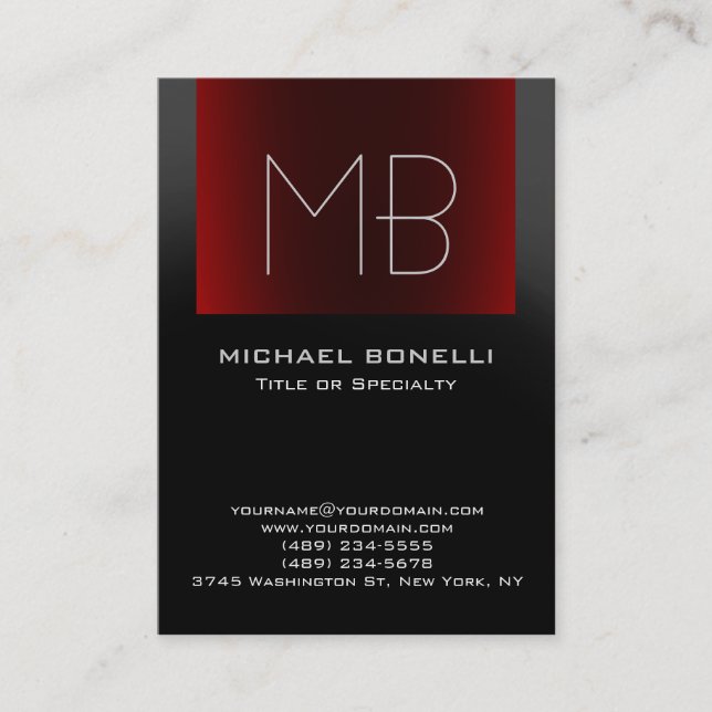 Chubby modern grey red monogram business card (Front)