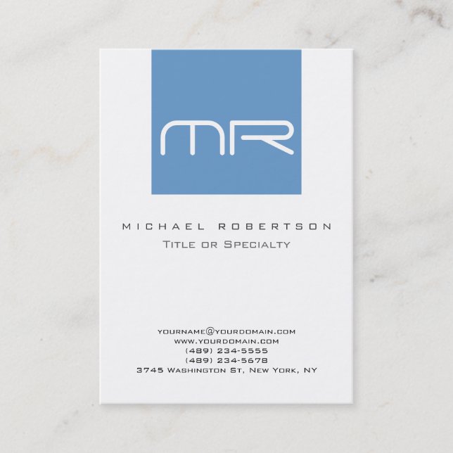 Chubby Modern Monogram White Blue Business Card (Front)