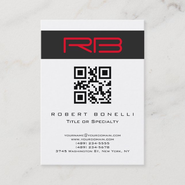Chubby Monogram White Red QR Code Business Card (Front)
