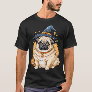"Chubby Pug in Witch Hat Halloween Art Series Ador T-Shirt