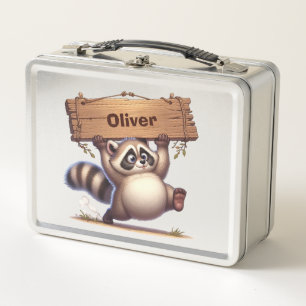 Chubby Racoon with Customisable Name Sign  Metal Lunch Box