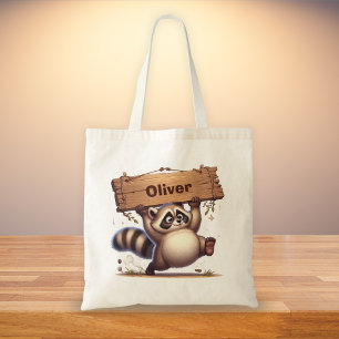 Chubby Racoon with Customisable Name Sign  Tote Bag