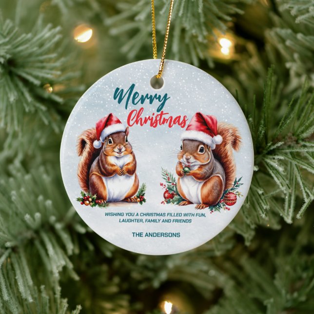 chubby squirrel Santa hat Merry Christmas snow Ceramic Tree Decoration (Tree)