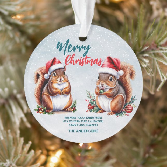 chubby squirrel Santa hat Merry Christmas snow Ornament (Tree)