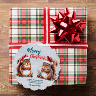 chubby squirrel Santa hat Merry Christmas snow Tree Decoration Card