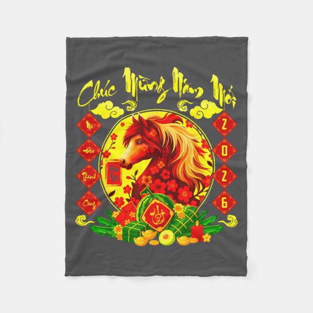 Chuc Mung Nam Moi Happy New Year 2026 Horse Vietna Fleece Blanket (Front)