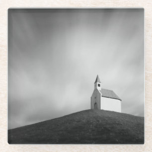 Chuch on a hill in black and white glass coaster
