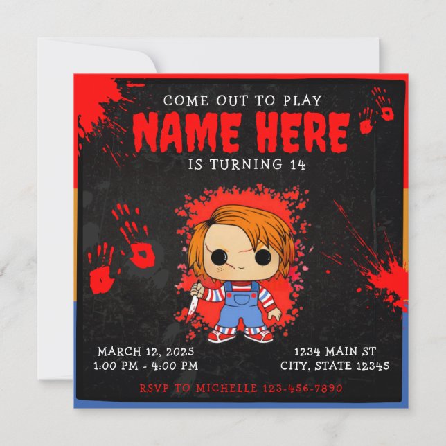 Chucky Doll Blue Red Orange Birthday Invitation (Front)