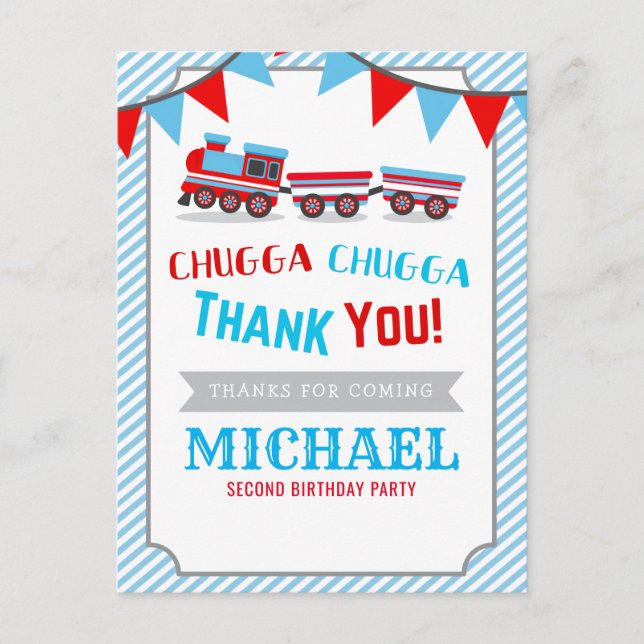 Chugga chugga train birthday baby shower thank you postcard (Front)