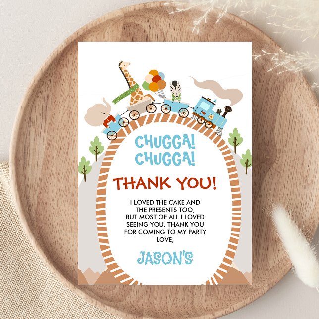 Chugga Chugga Train Birthday Thank You Card (Boys Train Birthday Thank You Card, Safari Animals Train Thank You card, Chugga Chugga Train Party)