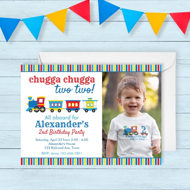Chugga Chugga Two Two Train Birthday Invitation (chugga chugga two two! Invitation for a train birthday party for a two year old. primary colors)