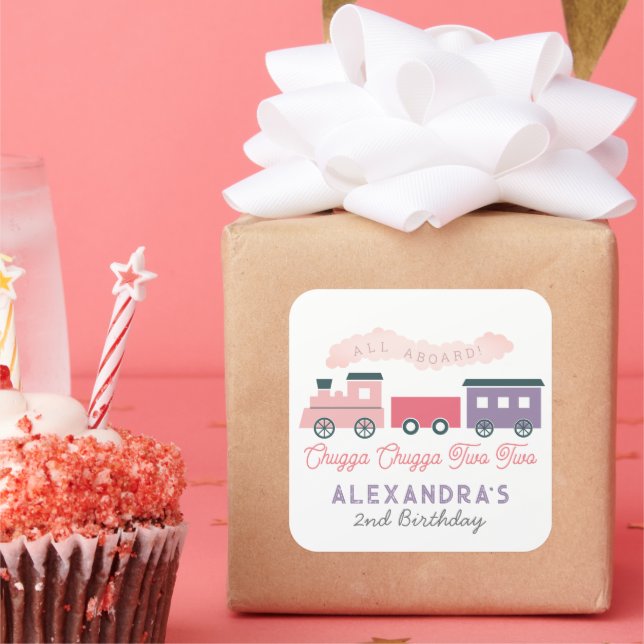 Chugga Chugga Two Two Train Pink Girl 2nd Birthday Square Sticker (Party)