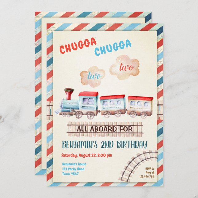 Chugga Two Train Choo Boy Red Blue 2nd Birthday Invitation (Front/Back)