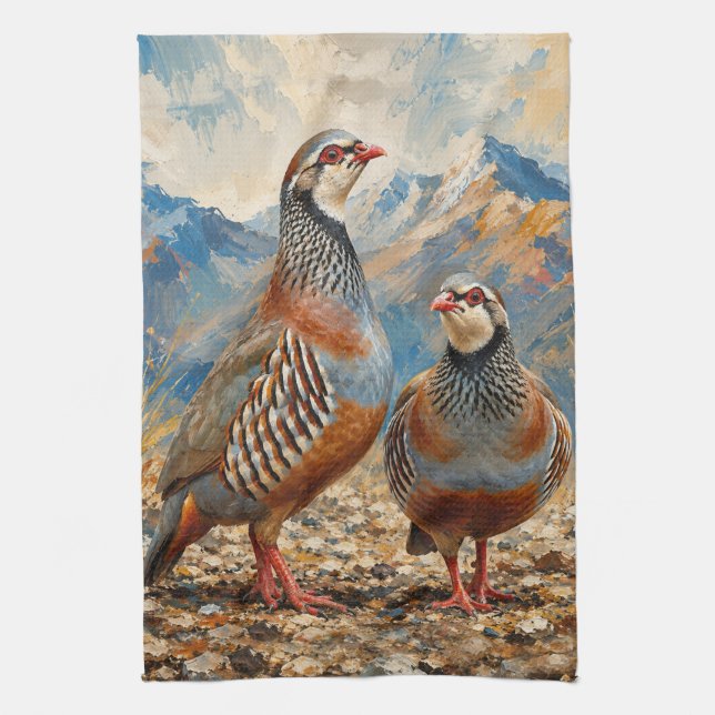 Chukar Partridge Pair Art  Tea Towel (Vertical)