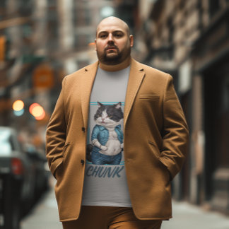 Chunk cat is wearing a blue shirt and jeans