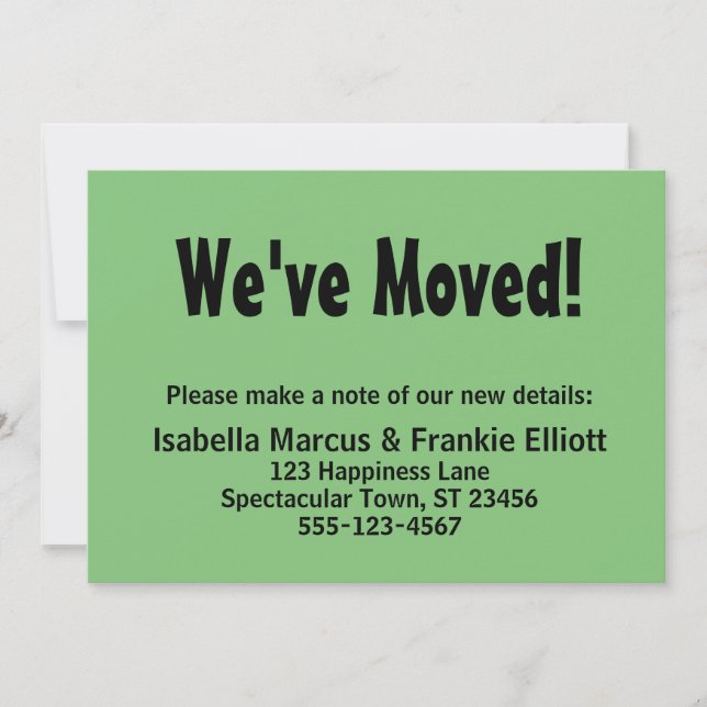Chunky, Casual "We've Moved" Bright Green Cards (Front)