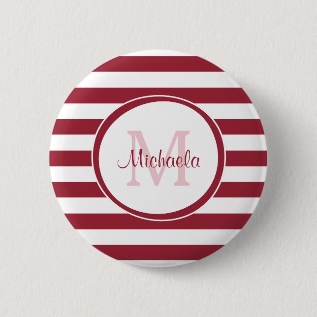 Chunky Deep Red Stripes Simple Monogram and Name 6 Cm Round Badge (Front)