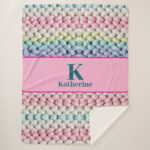 Chunky Pastel Knit Monogram Custom Name Gift Sherpa Blanket