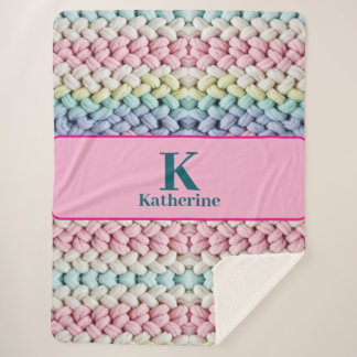 Chunky Pastel Knit Monogram Custom Name Gift Sherpa Blanket
