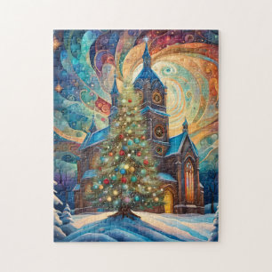 Church and Christmas tree in modern style Jigsaw Puzzle