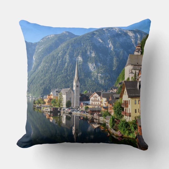 Church and village of Hallstatt, Austria with Alps Cushion (Front)