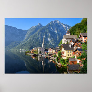 Church and village of Hallstatt, Austria with Alps Poster